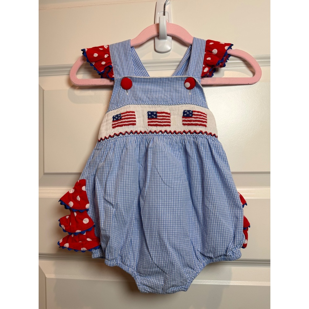 Smock Monkey Girls Blue Gingham American Flag Smocked Bubble Romper Size 2